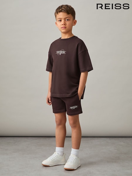 Reiss Chocolate Brown/Off White Hughes Cotton-Blend Airlines-Print Shorts (F37233) | €40