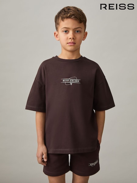 بني/Off White - Reiss Ivan Oversize Cotton Airlines-Print T-Shirt (F37243) | ‏130 د.إ.‏