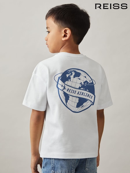 أبيض/أزرق - Reiss Ivan Oversize Cotton Airlines-Print T-Shirt (F37246) | ‏158 د.إ.‏