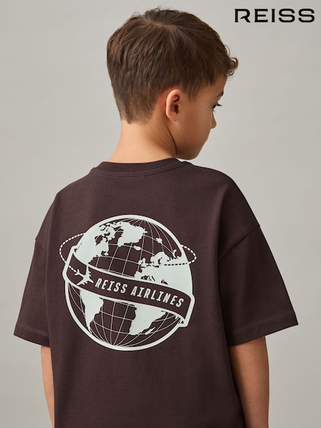 بني/Off White - Reiss Ivan Oversize Cotton Airlines-Print T-Shirt (F37248) | ‏158 د.إ.‏