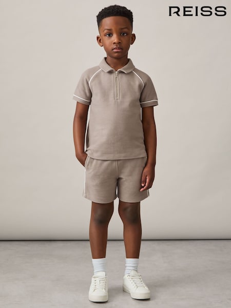 Reiss Mink Brown Lolland Cotton Textured Half-Zip Polo Shirt (F37254) | €40