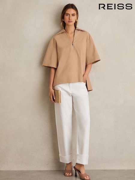 Reiss Camel Dara Cotton Blend Craft Stitch Collared Top (F37257) | €195