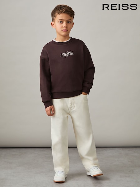 Reiss Chocolate Brown/Off White Orville Junior Cotton Blend Airlines Print Sweatshirt (F37263) | €42
