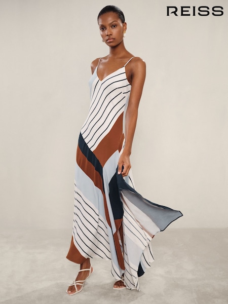 Синий/коричневый - Reiss Hallia Stripe-Print Handkerchief Maxi Dress (F37266) | €350