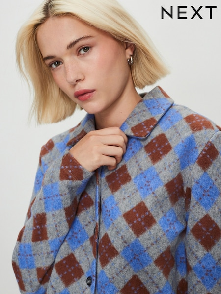 Grey/Blue Argile Patterned Cosy Needle Buttonthrough Lightweight Jacket (F37299) | €41