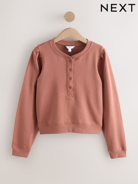 Mocha Brown Washed Henley Neck Line Long Sleeve Sweatshirt (F37321) | €41