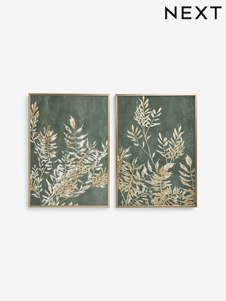 Set of 2 Green Gold Embellished Leaf Wall Art (F37519) | €89