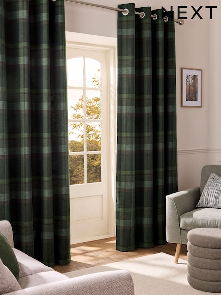 Dark Green Brushed Check Lined Eyelet Curtains (F37581) | 343 QAR - 808 QAR