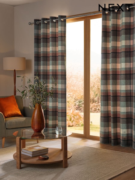 Teal Blue Check Lined Curtains (F37588) | €78 - €185