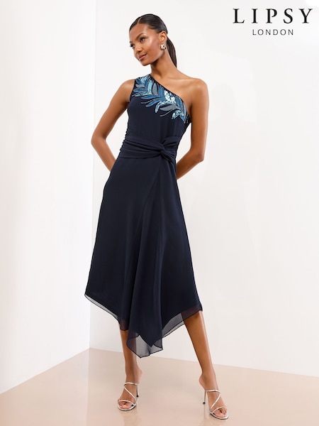 Lipsy Navy Embellished Feather Trim One Shoulder Fit And Flare Midi Dress (F37762) | €117
