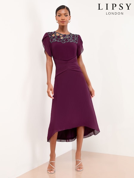 Lipsy Burgundy Red Embellished Cut Out Short Sleeve Pleated Fit And Flare Midi Dress (F37767) | € 148