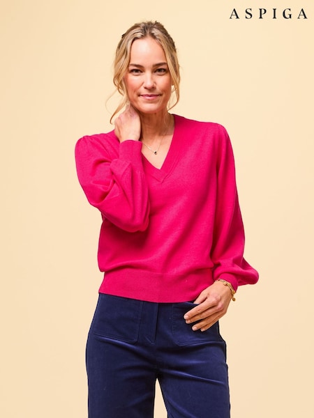 Aspiga Pink Merino Wool V-Neck Jumper (F37932) | AED407