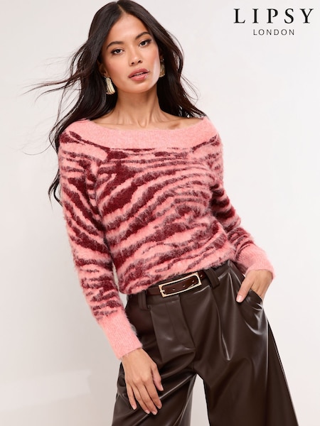 Pink Animal Print - Lipsy Slash Neck Cosy Fluffy Eyelash Knit Jumper