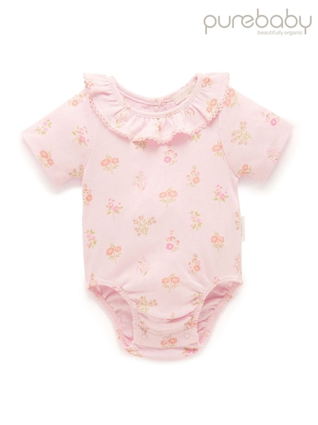 Purebaby Pink Floral Pointelle 100% Cotton Bodysuit (F38156) | €29