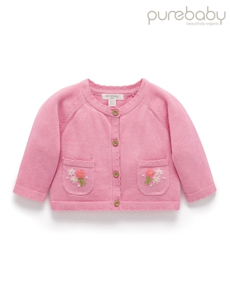 Purebaby Pink Floral Embroidered 100% Cotton Cardigan (F38160) | €46
