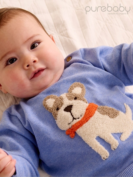 Purebaby Blue Animal Print Embroided 100% Cotton Jumper (F38165) | €46