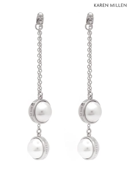 Karen Millen Silver Tone Logo Pearl Double Drop Earrings (F38237) | ₪277
