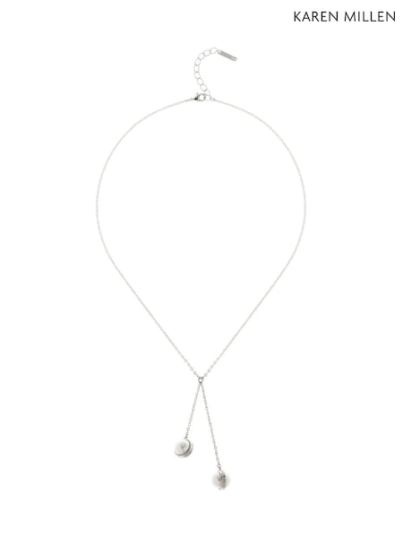 Karen Millen Silver Tone Logo Pearl Double Drop Necklace (F38242) | ₪277