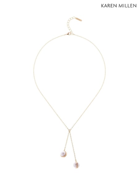 Karen Millen Gold Tone Logo Pearl Double Drop Necklace (F38251) | €79