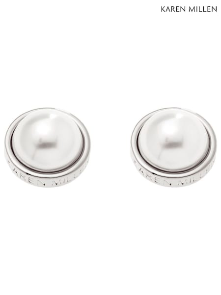 Karen Millen Silver Tone Logo Pearl Stud Earrings (F38254) | ₪201