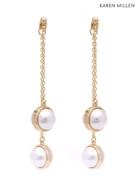 Karen Millen Gold Tone Logo Pearl Double Drop Earrings (F38260) | 3,304 UAH