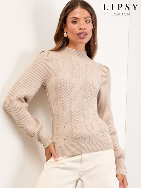 Lipsy Neutral High Neck Cable Knit Blouson Sleeve Jumper (F38283) | €48