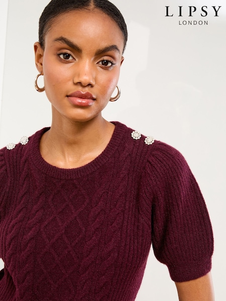Lipsy Berry Red Short Sleeve Buttoned Cable Knit Top (F38300) | €46