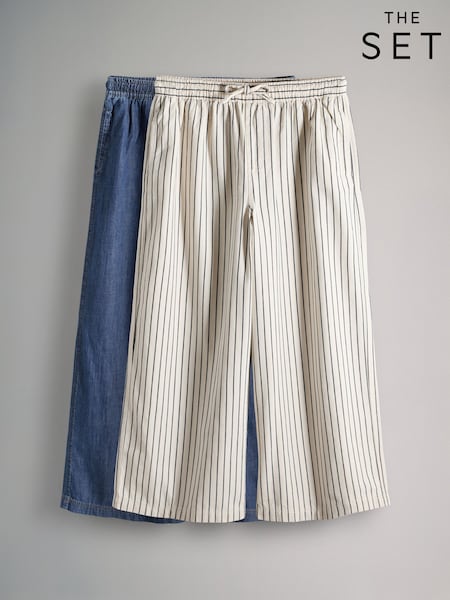 The Set Mid Blue/Ecru Stripe 2 Pack Pull On Wide Leg Fluid Jeans (F38502) | €40