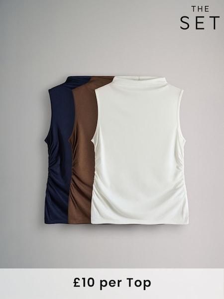 white/Marrom Claro/Marinho - The Set 3 Pack Soft Touch Drape Sleeveless Tops (F38507) | R$ 295