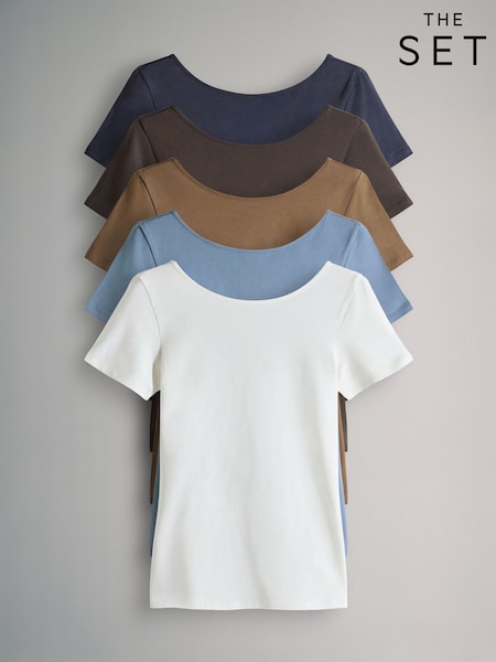 Azul-marinho/Marrom chocolate/Marrom/Azul claro/cream - The Set 5 Pack Scoop Back Fittted Short Sleeve T-Shirts (F38509) | R$ 245