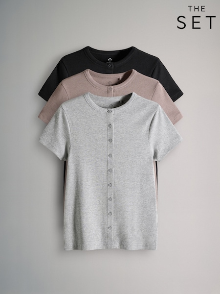 The Set 3 Pack Button Through Short Sleeve Ribbed T-Shirts (F38510) | R$ 235