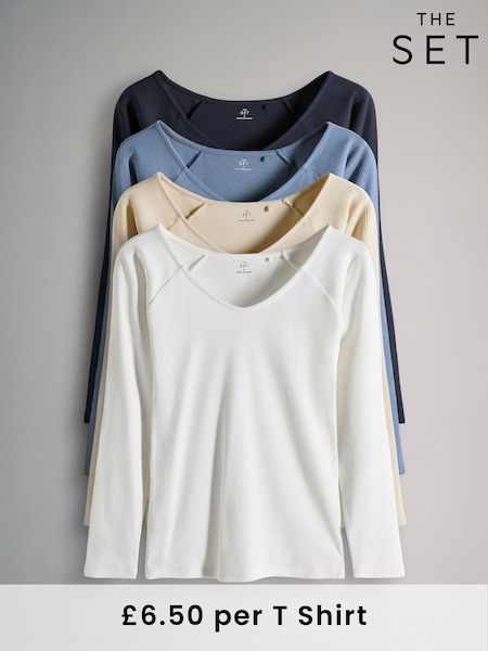Cream/Navy/Blue/Stone - The Set Off Shoulder V-Neck Ribbed Long Sleeve Top (F38511) | R$ 255