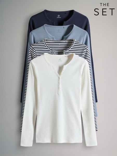 The Set Navy/Blue/Stripe/White 4 Pack Ribbed Henley Long Sleeve T-Shirts (F38514) | €37