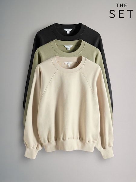 The Set Black/Stone/Khaki 3 Pack Raglan Crew Neck Sweatshirt (F38522) | €42