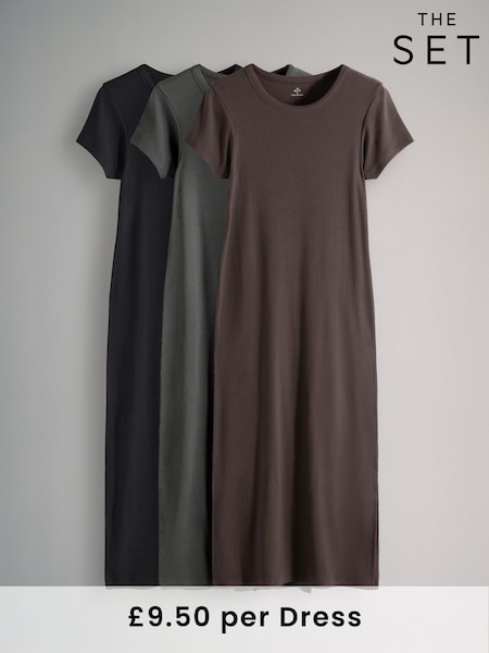 The Set Black/Chocolate/Charcoal 3 Pack Short Sleeve Ribbed Midi Dresses (F38524) | €38