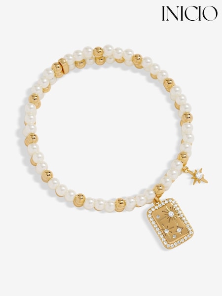 Inicio Gold Tone Pearl And Celestial Charm Double Bracelet - Gift Pouch (F38533) | €38