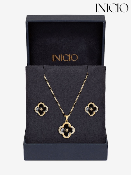 Inicio Gold Tone Jet Enamel Clover Set - Gift Boxed (F38542) | R$ 295