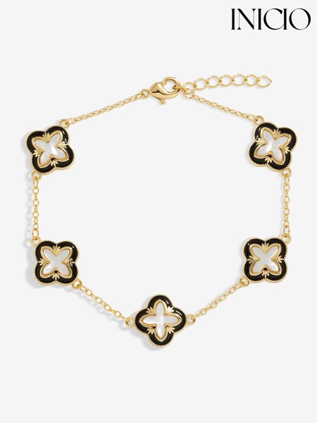 Inicio Gold Tone Jet Enamel And Mother Of Pearl Clover Bracelet - Gift Pouch (F38550) | €29