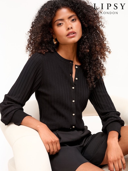 Lipsy Black Knitted Ribbed Crew Neck Buttoned Cardigan (F38580) | €52