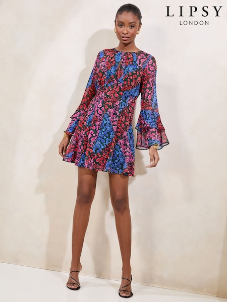 Punainen Kukallinen  - Lipsy Fluted Ruffle Sleeve Keyhole Mini Dress (F38605) | €93