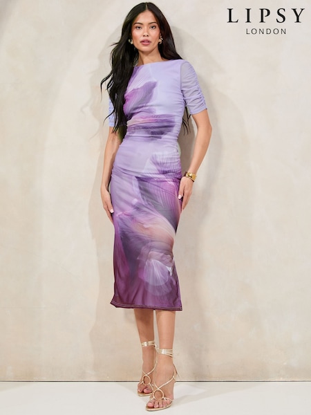 Lipsy Purple Floral Petite Mesh Ruched Detail Midi Dress (F38612) | 307 QAR