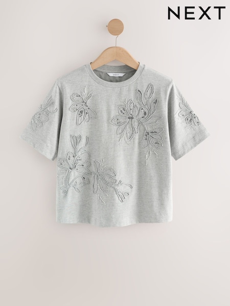 Grey Floral Print Embellished T-Shirt (F38645) | AED109