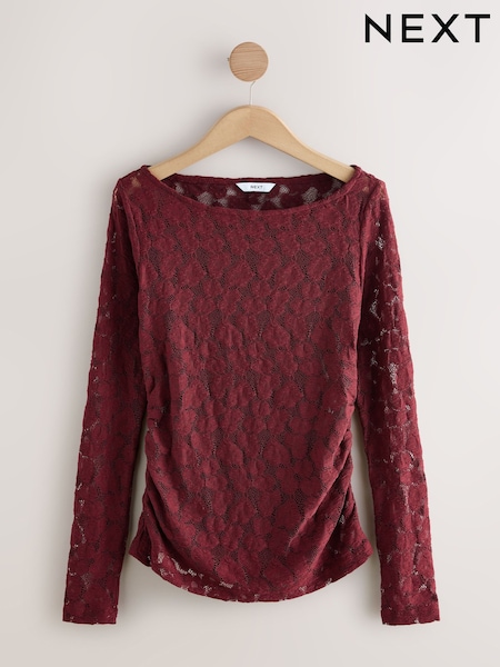Cherry Red Long Sleeve Slash Neck Lace Top (F38656) | OMR15