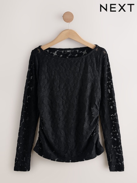 Black Long Sleeve Slash Neck Lace Top (F38657) | OMR15