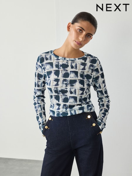 Inky Check Print Long Sleeve Crew Neck Top (F38663) | €23