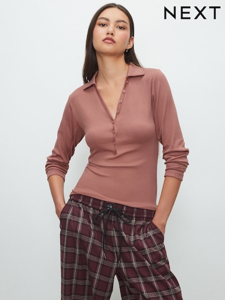 Pink Long Sleeve Collar Polo Top (F38664) | AED109