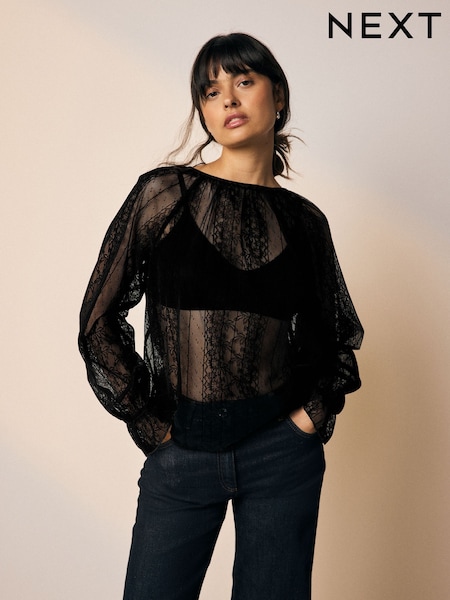 Black Long Sleeve Flocked Lace Volume Blouse (F38665) | R$ 390