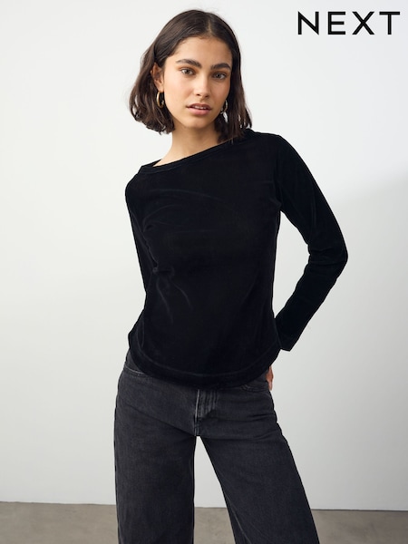 Black Long Sleeve Flocked Mesh Top (F38667) | €34