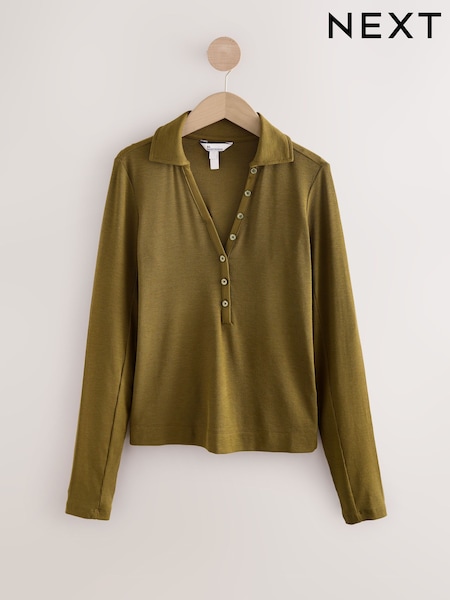 Verde măsliniu - N. Premium Long Sleeve Collar Polo Top (F38671) | 166 LEI
