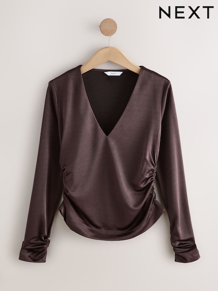 Chocolate Brown Satin Jersey V-Neck Long Sleeve Top (F38698) | AED109